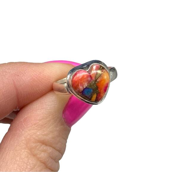 Kingman Pink Dahlia Turquoise Ring Size 6 Solid 925 Sterling Silver Heart Shaped - Picture 5 of 8